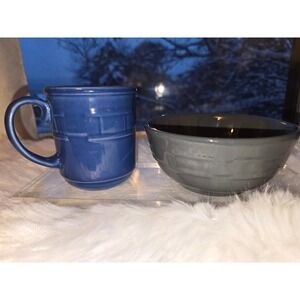Longaberger Pottery Woven Traditions Blue Mug & Pewter Gray Bowl Set